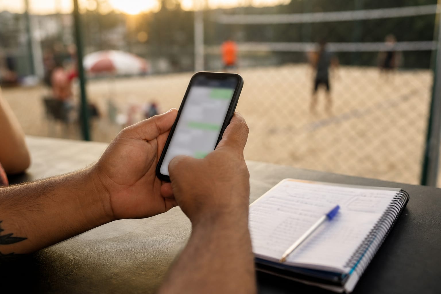 Mãos segurando celular com aplicativo de mensagens aberto sobre o balcão de uma arena, ao lado de um caderno de agenda