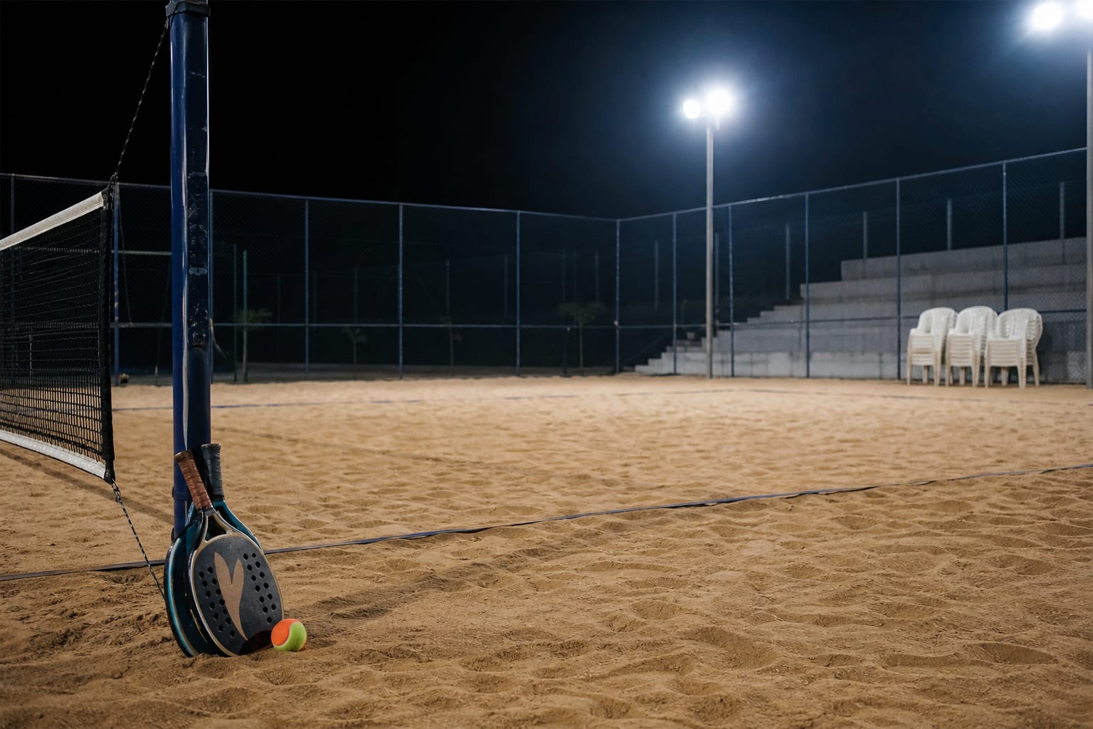 Quadra de beach tennis vazia e iluminada por refletores à noite, com raquetes apoiadas no poste da rede