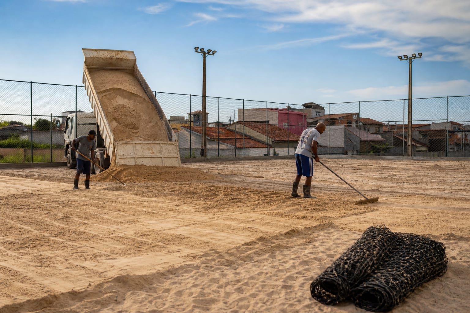 Trabalhadores espalhando areia com rastelo em quadra em construção, com caminhão basculante e alambrado novo